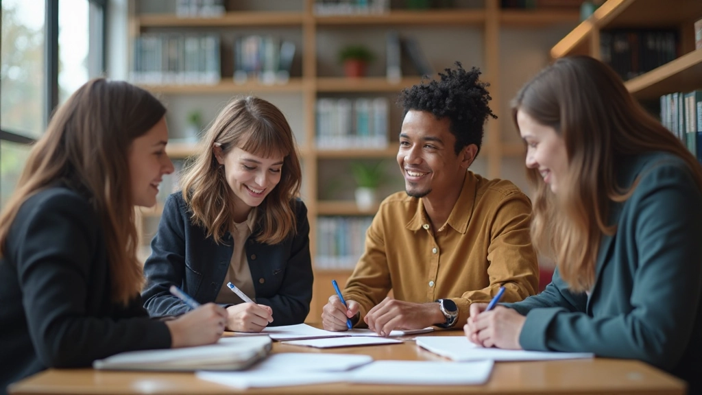 Diverse groep studenten in discussie over taalstudie met notitieblokken