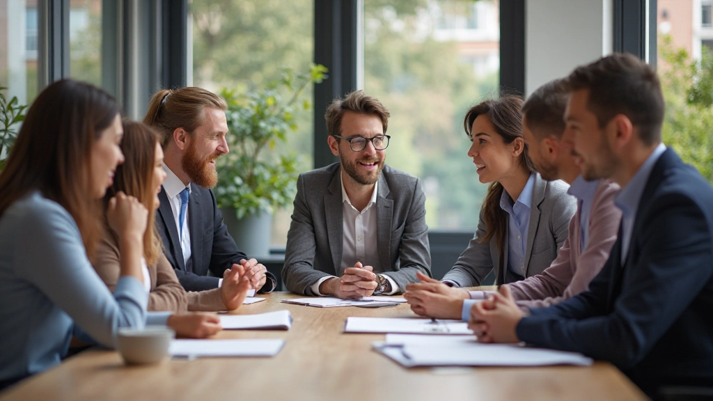 Diverse groep professionals voert gesprek in multiculturele kantooromgeving