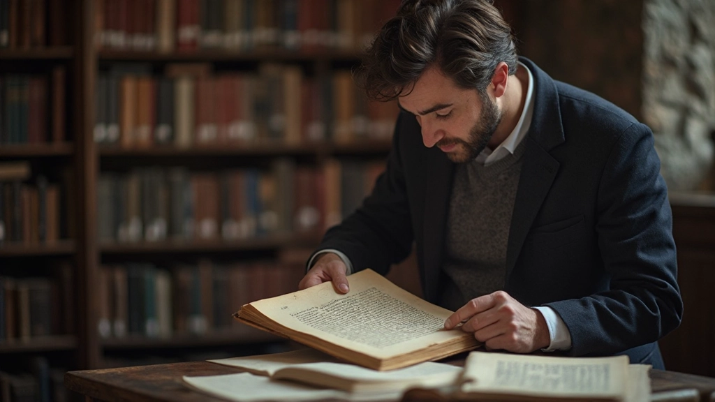 Professionele foto van historicus die oude Nederlandse teksten en manuscripten onderzoekt in bibliotheekarchief