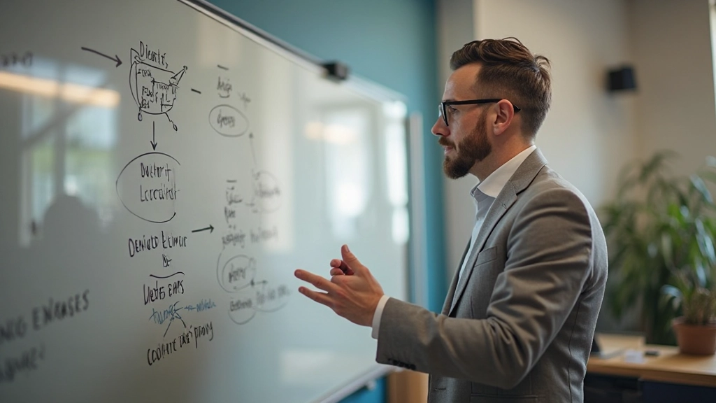 Professionele foto van linguïst die taalstructuurdiagrammen presenteert, staande voor whiteboard in universiteitsles met student