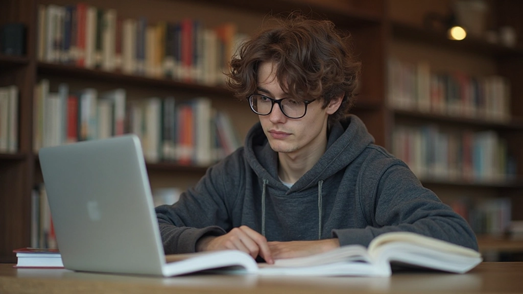 Student van jonge leeftijd werkt aan taalstudies met boeken en digitale hulpmiddelen