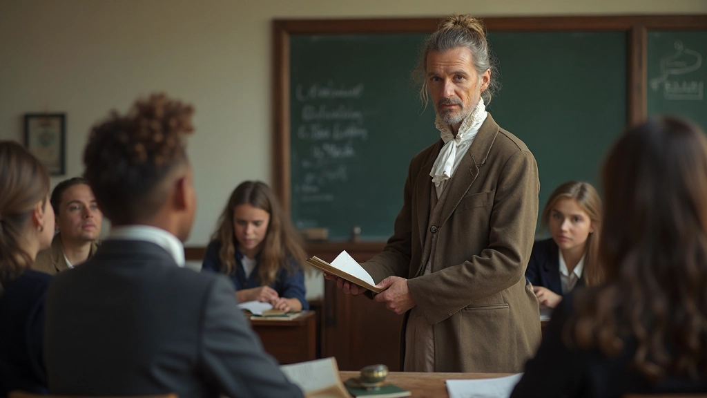 Onderwijzer uit negentiende eeuw geeft les Nederlands aan kinderen in klaslokaal