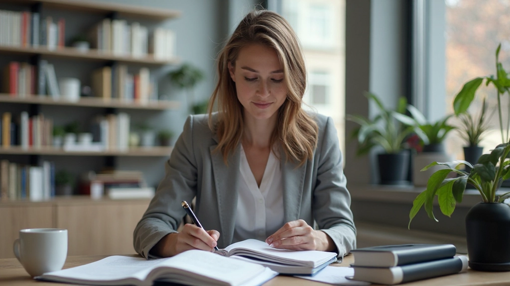 Professionele werkplek met boeken in verschillende talen en studiemateriaal